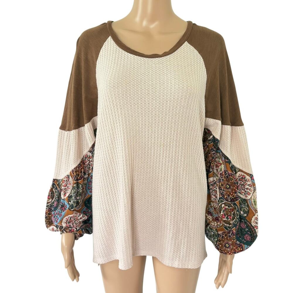 UMGEE Boho Waffle Knit Top M Oversized Lagenlook Balloon Sleeve Floral Patchwork - Picture 2 of 9